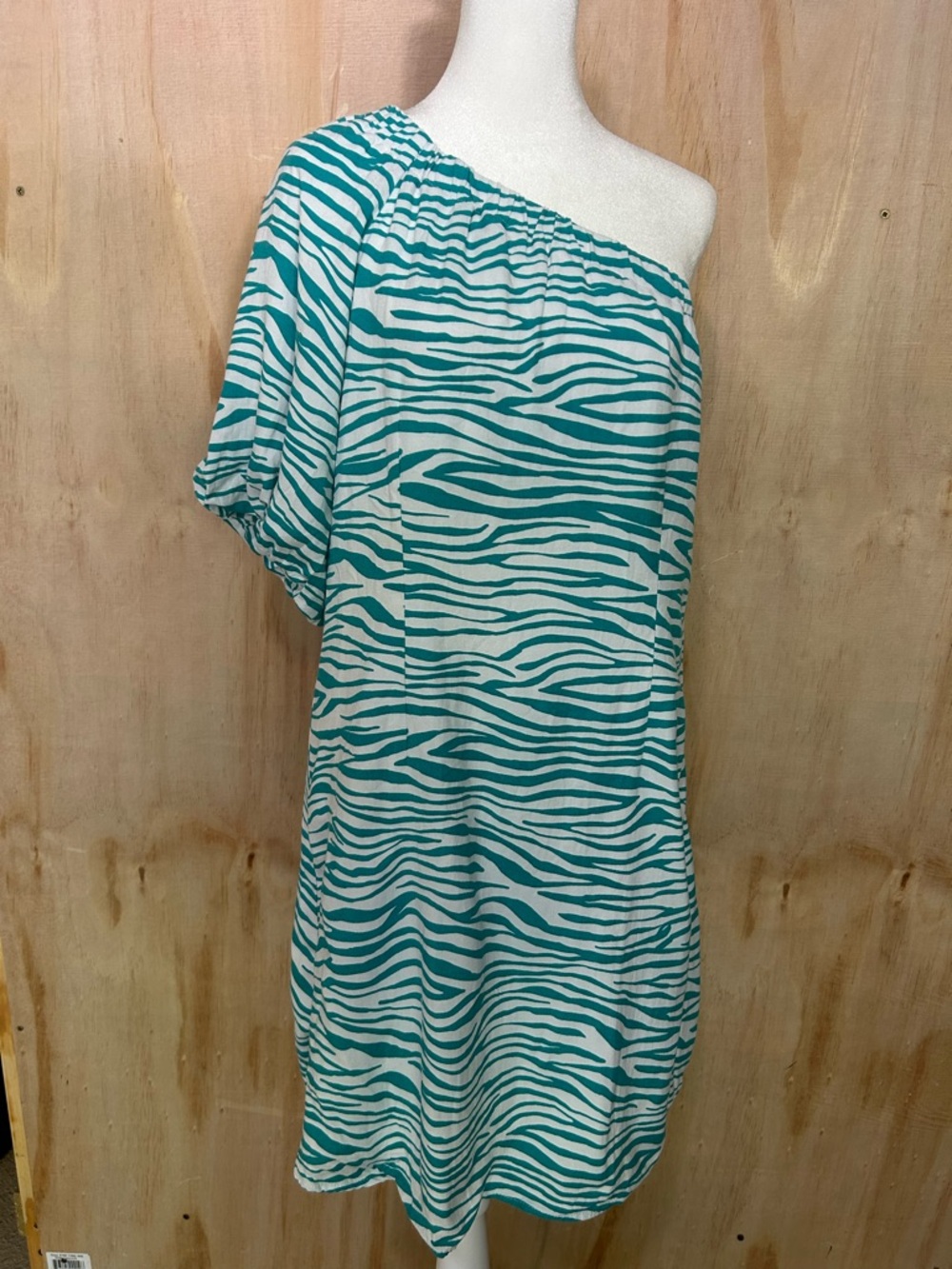 One-Shoulder Zebra Print Tunic Dress - Teal & White
